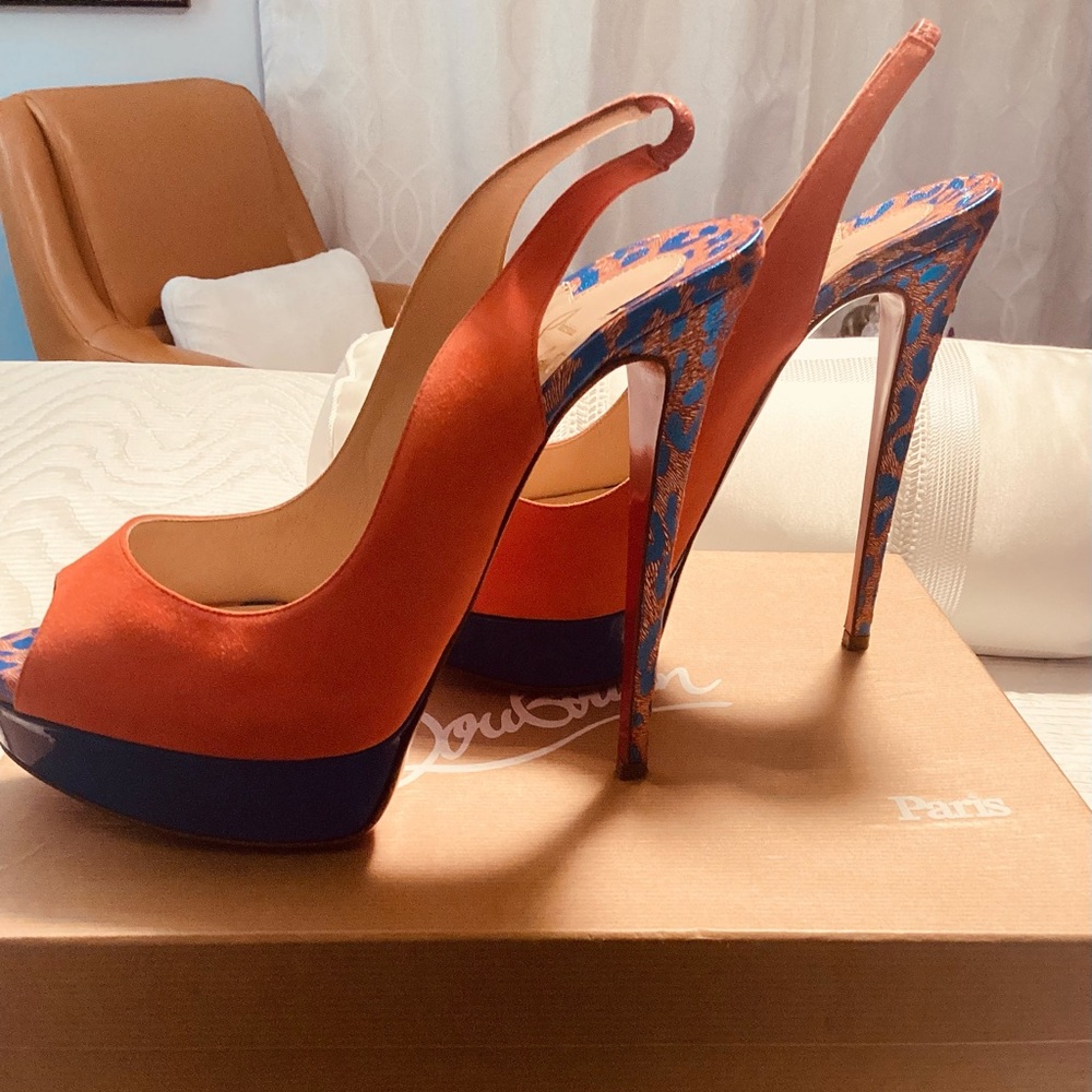 Christian Louboutin Lady Peep Slingback Orange and Blue Suede/Patent Heels